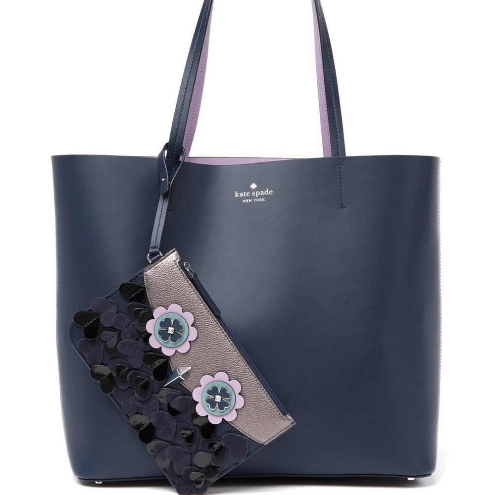 KATE SPADE ZIBBI MEDIUM LEATHER NAVY TOTE WITH WRISTLET
